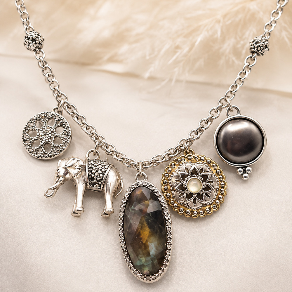 Lucky Brand Elephant Long Charm Necklace Abalone Boho Indie Festival 30”